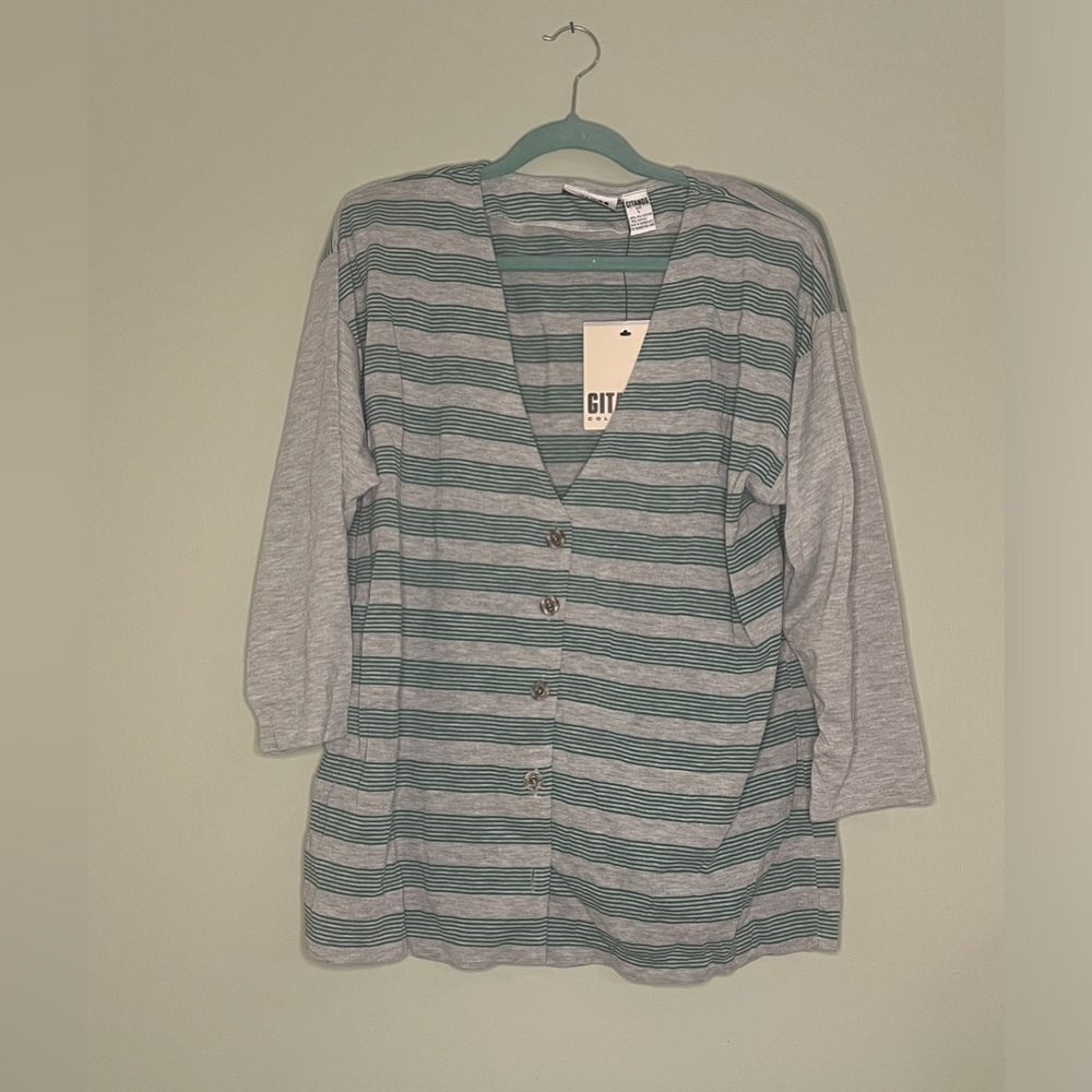 Gitano Cardigan Buttons V-Neck Shoulder Pads Women Large Stripes 3/4 Sleeve NWT